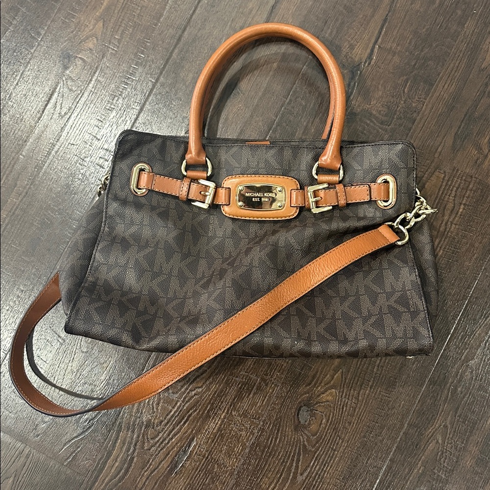 Michael Kors Dark Brown Signature Coated Canvas Large East West Hamilton Tote